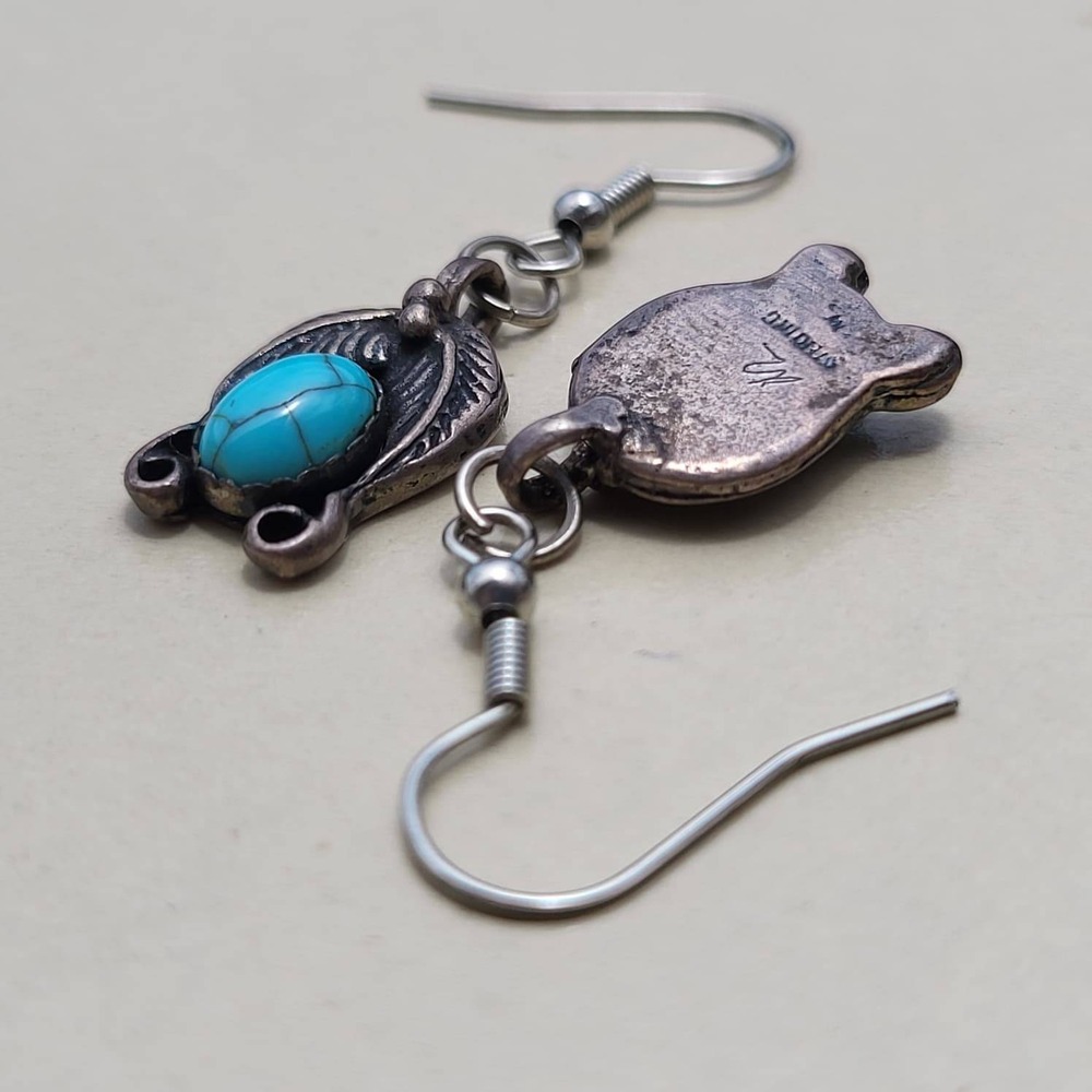 Vintage 925 Sterling Silver Turquoise Dangle Earrings Blue Southwestern Feather - Picture 5 of 8
